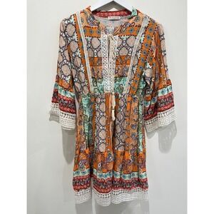 Boho Paisley Print Mini Dress Women's Size 8 Festival Tassel Tie Bell Sleeve
